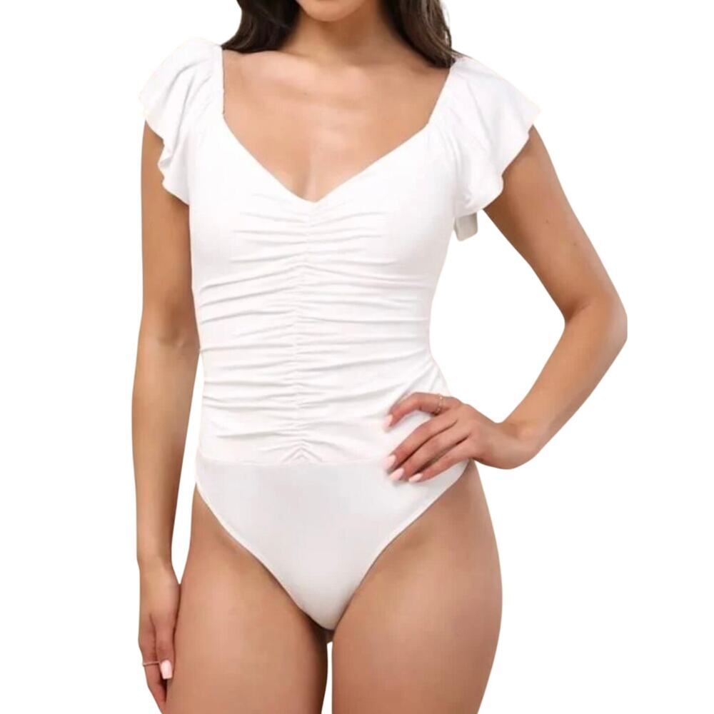 Lulus White Sweetheart Ruched Bodysuit Size M New With Tags.